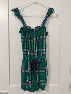 Aerie Green Plaid Sleepwear Flannel Romper Ruffle Straps Size Small Women’s